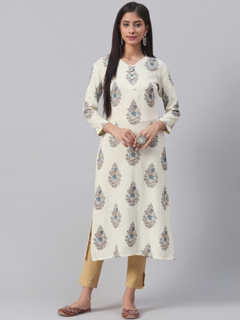 AHIKA Women White & Blue Ethnic Motif Print Straight Kurta