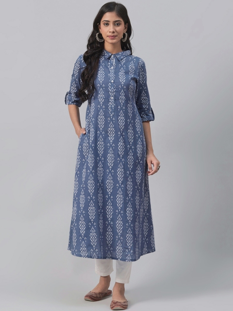 AHIKA Women Blue & White Printed A-Line Kurta
