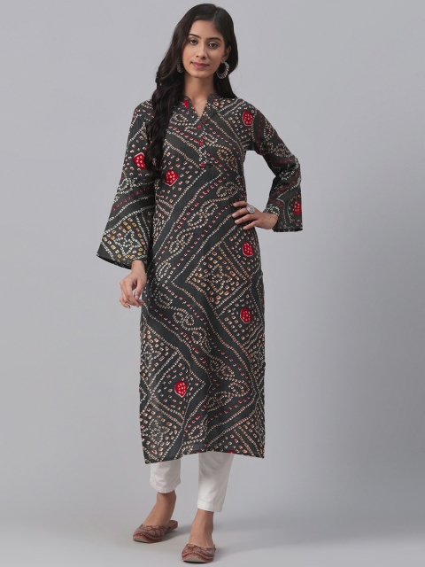 AHIKA Women Charcoal Grey & Red Bandhani Print Straight Kurta