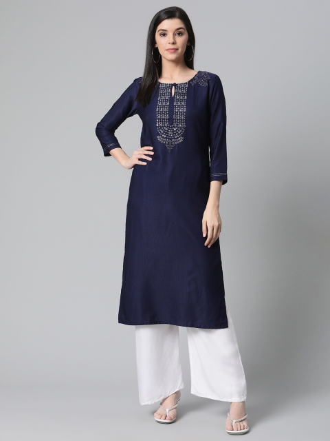 AHIKA Women Navy Blue Yoke Design Straight Kurta