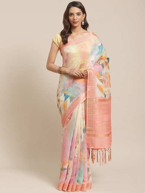 Rajnandini Yellow & Peach-Coloured Printed Chanderi Saree