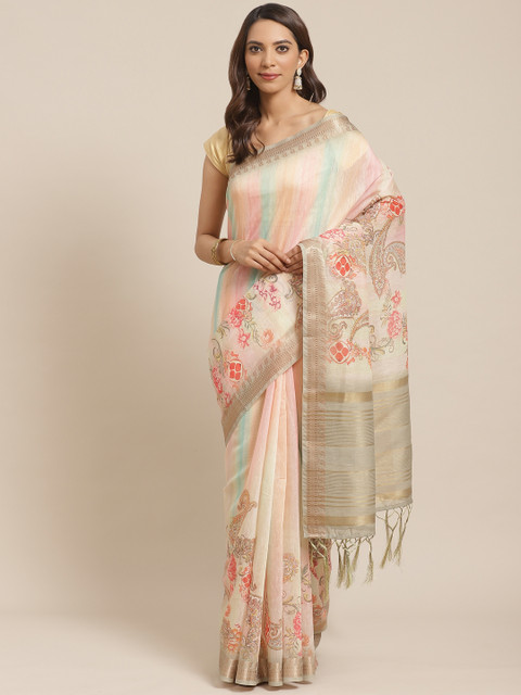Rajnandini Peach-Coloured & Green Printed Chanderi Saree 
Rajnandini Peach-Coloured & Green Printed Chanderi Saree