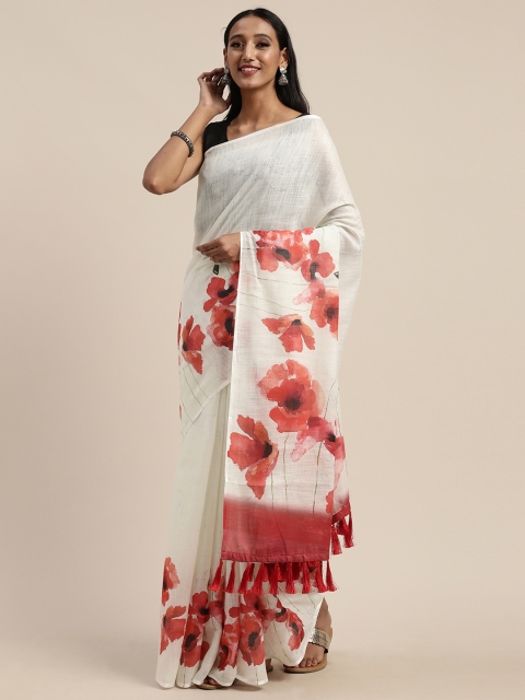 VASTRANAND White & Red Linen Blend Floral Printed Saree