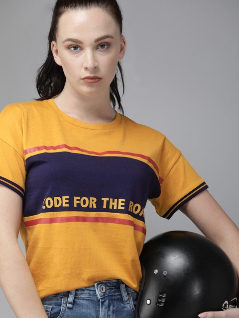Roadster Women Mustard Yellow & Navy Blue Colourblocked Drop-Shoulder Round Neck T-shirt
Roadster Women Mustard Yellow & Navy Blue Colourblocked Drop-Shoulder Round Neck T-shirt