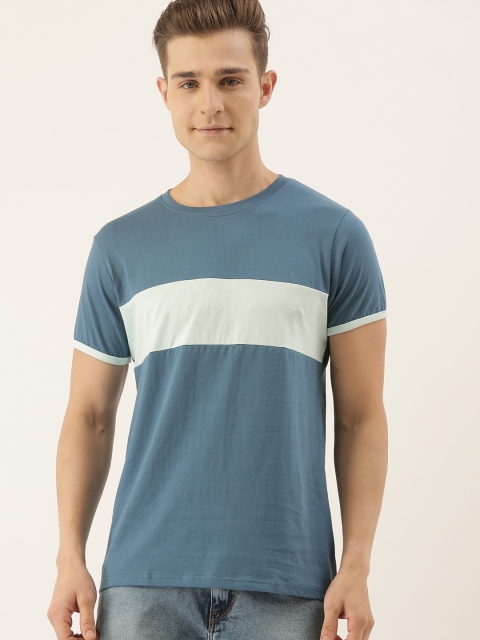 DILLINGER Men Blue White Colourblocked Round Neck Pure Cotton T-shirt