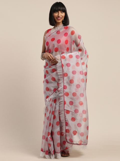 Tikhi Imli Grey & Red Organza Polka Dots Printed Saree with Ruffles