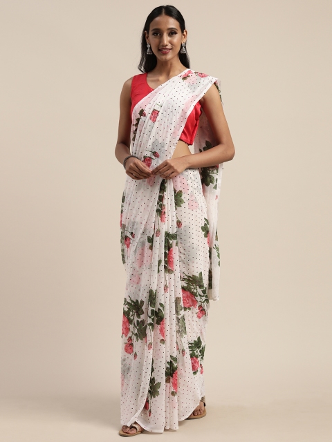 Tikhi Imli White & Pink Poly Georgette Floral Printed Saree