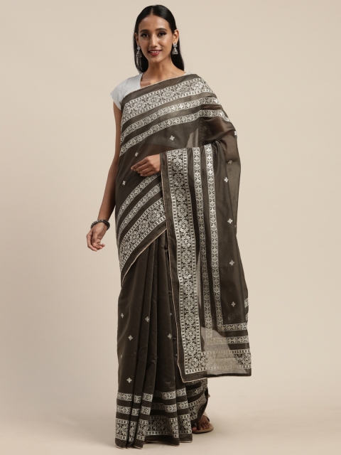 Tikhi Imli Charcoal Grey & Silver-Toned Cotton Blend Printed Chanderi Saree