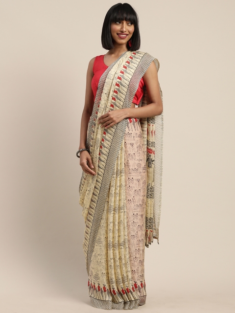 Tikhi Imli Beige & Black Poly Crepe Warli Printed Saree