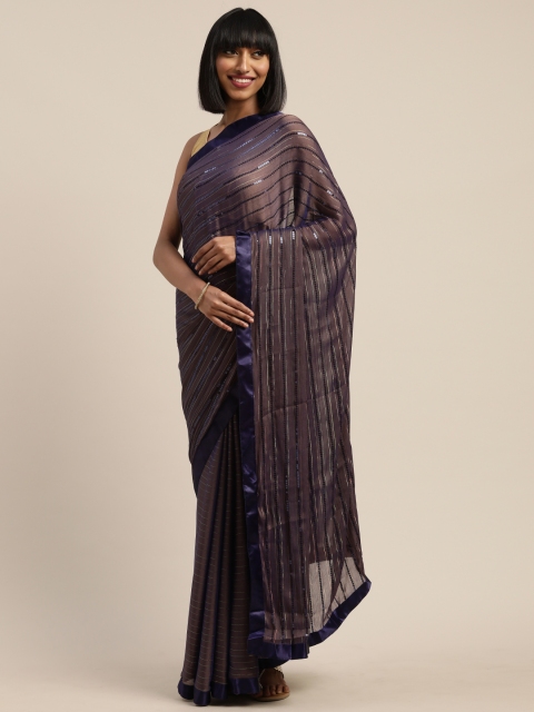 Tikhi Imli Brown & Purple Poly Crepe Striped Saree