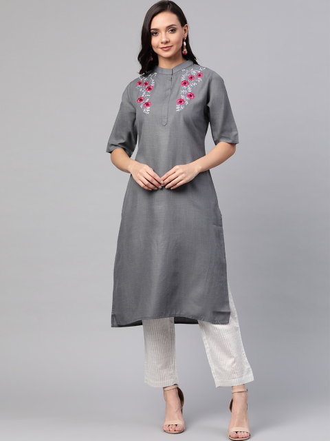 KSUT Women Grey Yoke Design Straight Kurta