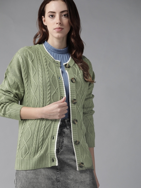 Roadster Women Green Cable Knit Cardigan