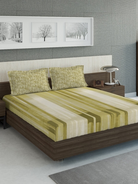 DDecor Yellow & Green Striped 210 TC Cotton 1 King Bedsheet with 2 Pillow Covers