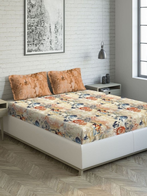DDecor Beige & Orange Floral 144 TC Cotton 1 King Bedsheet with 2 Pillow Covers
