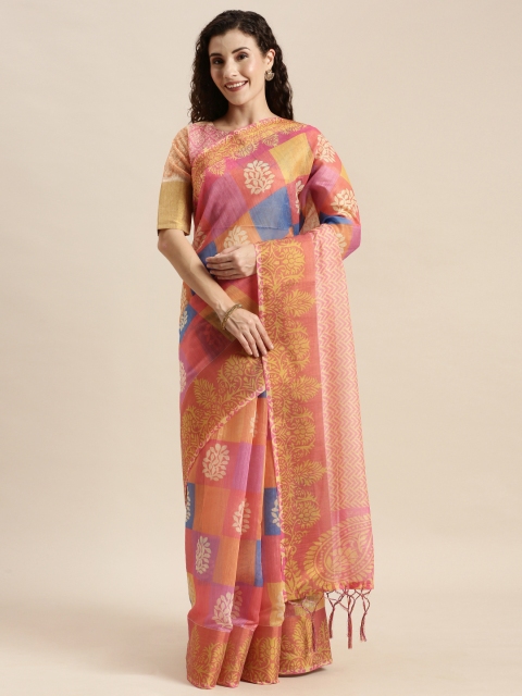 Mitera Pink & Navy Blue Linen Blend Printed Pochampally Saree