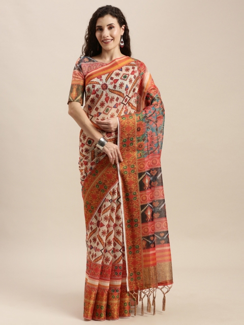 Mitera White & Orange Linen Blend Printed Ikat Saree