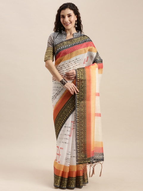 Mitera White & Orange Linen Blend Printed Pochampally Saree