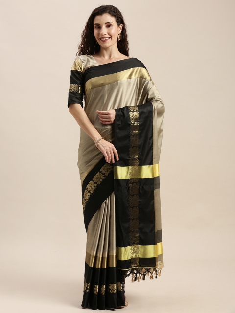 Mitera Beige & Black Silk Cotton Solid Paithani Saree