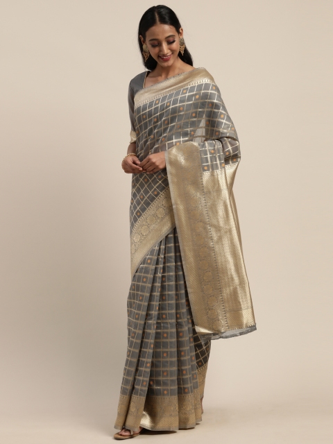 Mitera Grey & Gold-Toned Silk Cotton Checked Kanjeevaram Saree
