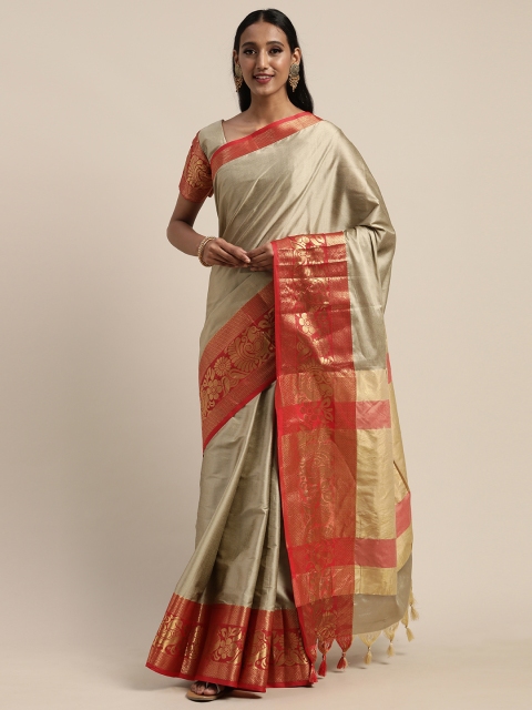 Mitera Beige Silk Blend Solid Kanjeevaram Saree