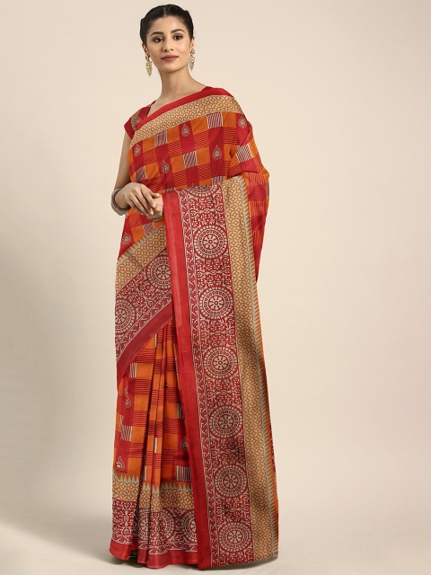 KALINI Red & Brown Art Silk Printed Mysore Silk Saree