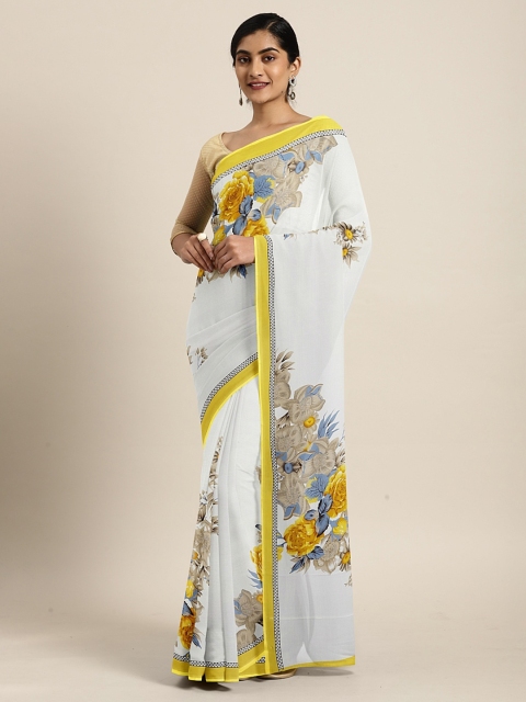 KALINI White Floral Printed Pure Georgette Saree