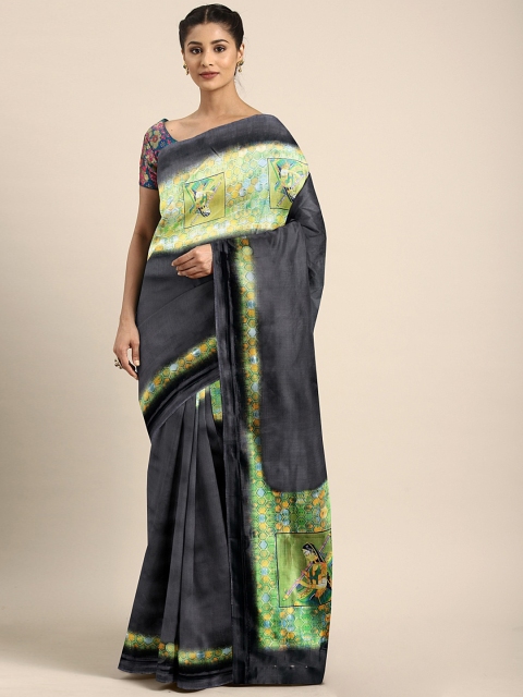 KALINI Black Silk Blend Solid Khadi Saree