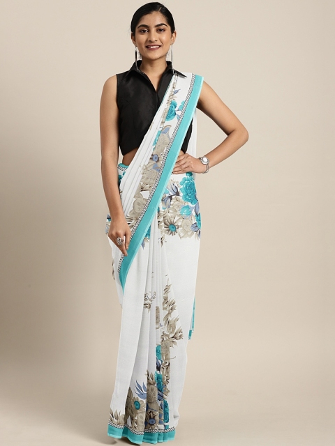 KALINI White & Turquoise Blue Pure Georgette Printed Saree