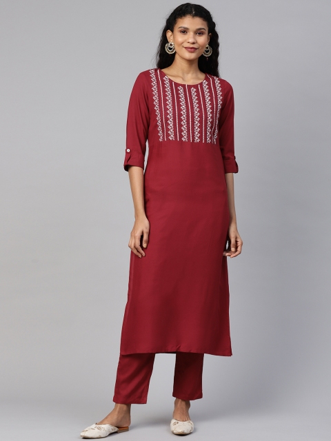 clorals Women Maroon & White Yoke Design Kurta with Trousers