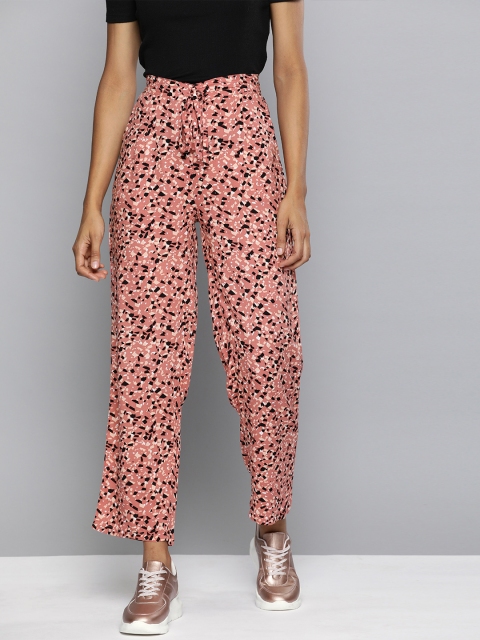 HERE&NOW Women Peach-Coloured & Off-White Printed Cropped Straight Palazzos