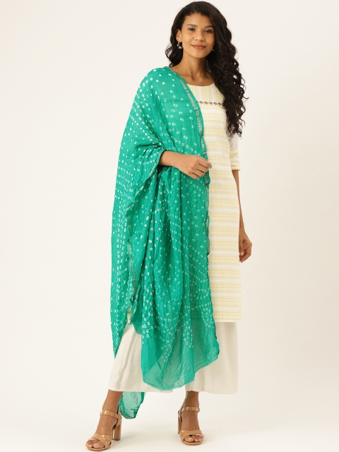 Shaily Green & White Bandhani Print Dupatta
