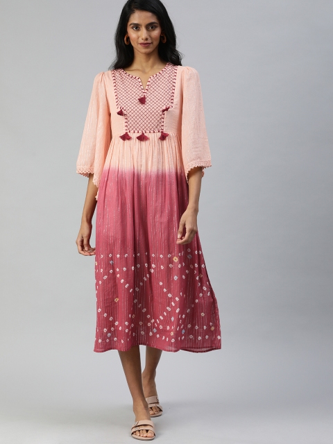 Ishin Women Pink & Silver Striped A-Line Dress