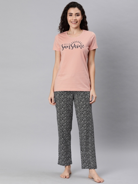 Go Colors Women Pink & Black Printed Night suit