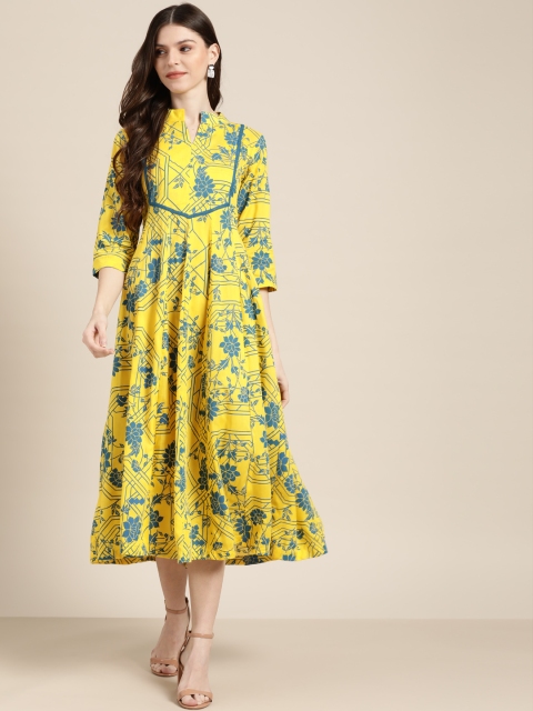Sangria Women Yellow & Blue Floral Print A-Line Dress