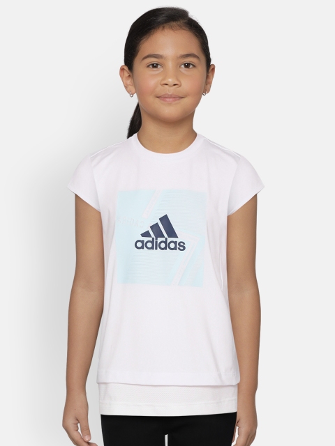 ADIDAS Girls White & Blue Round Neck Branded Training T-shirt