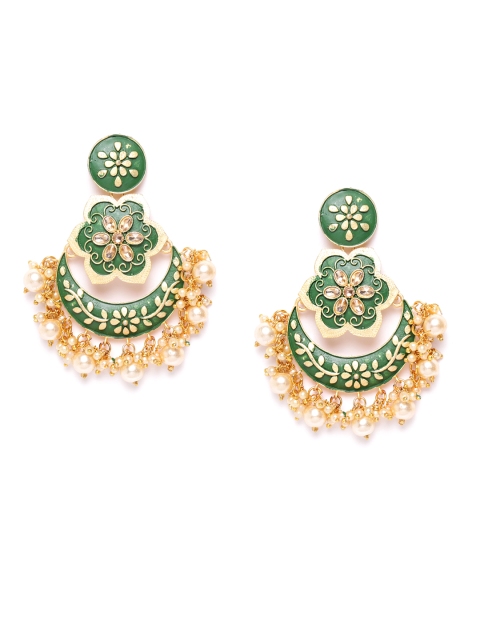 damani Green Gold-Plated Stone-Studded & Beaded Crescent Shaped Chandbalis