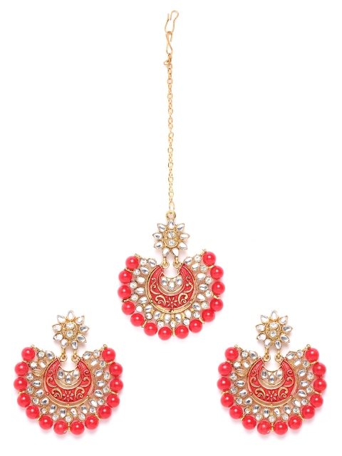 damani Red Gold Plated Stone Studded & Beaded Earring & Maang Tika Set