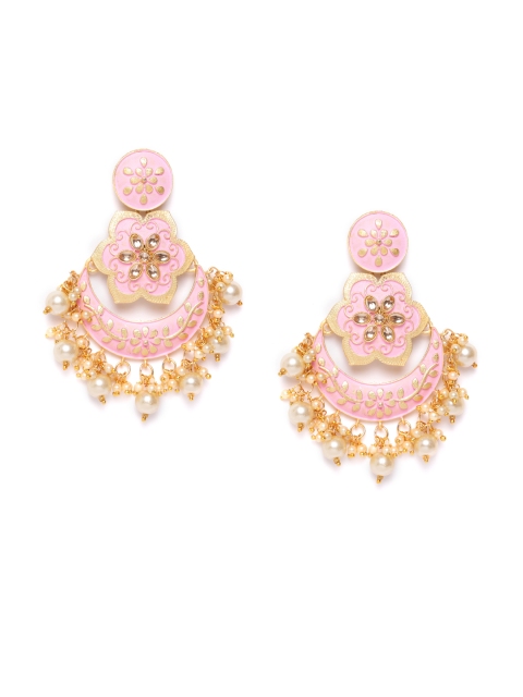 damani Pink & White Gold-Plated Stone Studded & Beaded Crescent Shaped Chandbalis