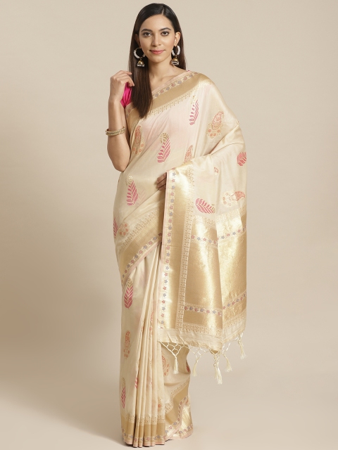 Mitera Beige Pink Zari Paisley Woven Design Liva Saree
