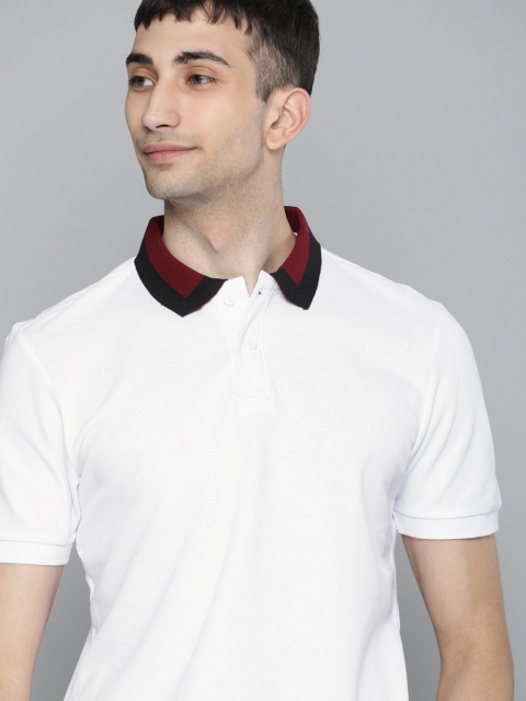 HERENOW Men White Solid Contrast Polo Collar Pure Cotton T-shirt