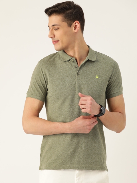 United Colors of Benetton Men Olive Green Solid Polo Collar T-shirt