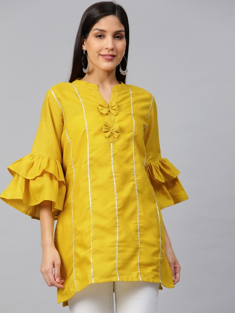 Bhama Couture Women Mustard Yellow Bell Sleeves Gotta Patti Striped Pure Cotton Straight Kurti
Bhama Couture Women Mustard Yellow Bell Sleeves Gotta Patti Striped Pure Cotton Straight Kurti