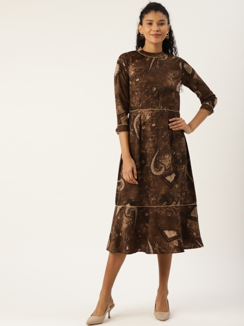 Cottinfab Women Coffee Brown & Beige Printed A-Line Dress