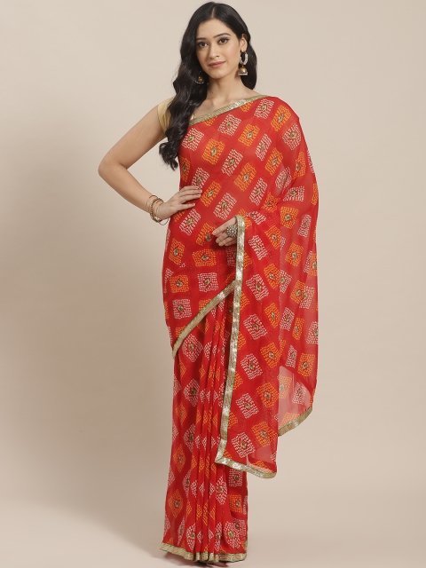 KALINI Red & Orange Bandhani Printed Saree