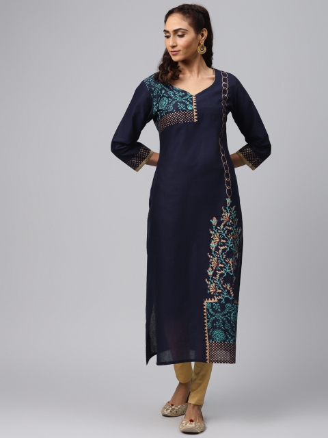 Akshatani Women Navy Blue & Golden Hand Block Print Straight Kurta