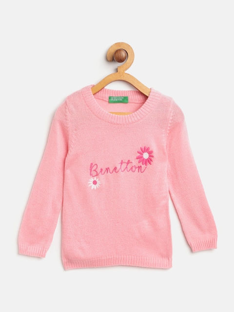 United Colors of Benetton Girls Peach-Coloured Embroidered Pullover Sweater