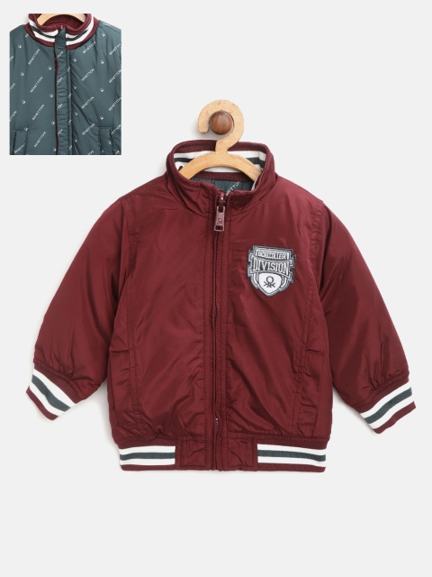 United Colors of Benetton Boys Maroon and Green Solid Reversible Bomber Jacket
