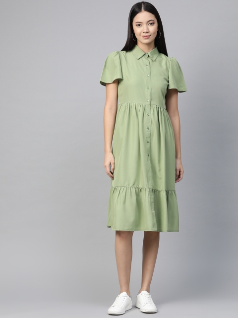 plusS Women Green Solid Tiered Shirt Dress