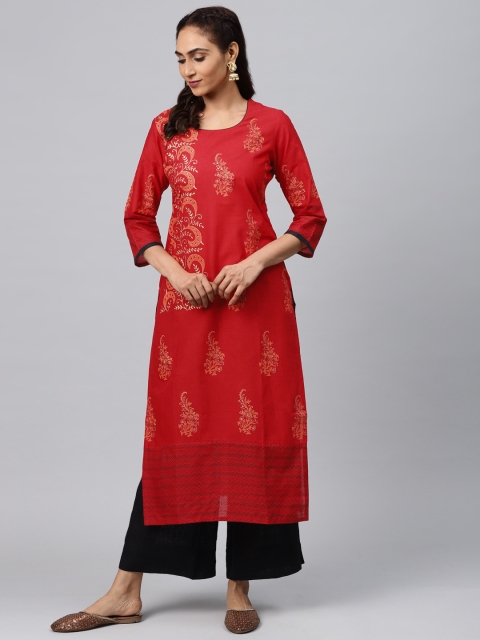 Akshatani Women Red & Golden Hand Block Printed Straight Kurta