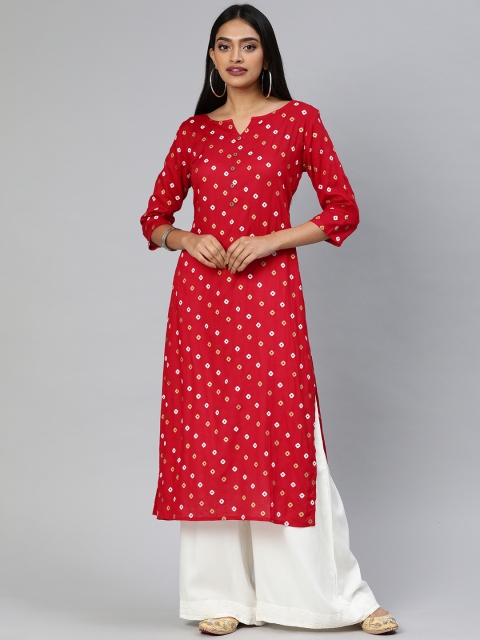 Swishchick Women Red & White Bandhani Printed Straight Kurta